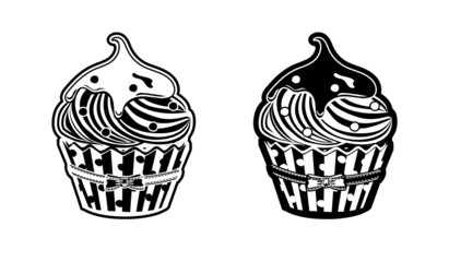 Black and white chocolate fudge muffin  in two designs. Delicious dessert decorated with cream and dragee.Cupcake in a package with a polka dot pattern,a ribbon and a bow. Food icon in graphic style.