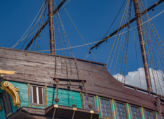 Masts aboard decorative medieval galleon
