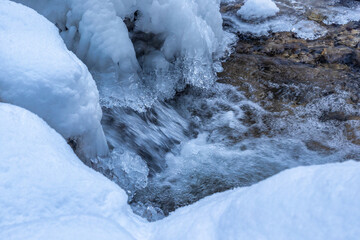 Snowy winter landscape with a wild stream. The Mala Fatra national park in Slovakia, Europe.