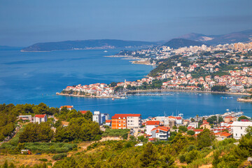 Naklejka na ściany i meble Top view of the Podstrana village on the Adriatic Sea, near of Split town, Croatia, Europe.