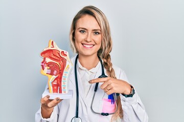 Beautiful young blonde woman holding anatomical model of respiratory system smiling happy pointing...
