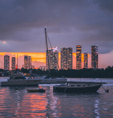 city skyline at night sea boats marina Miami Florida usa clouds skyscrapers buildings urban 
