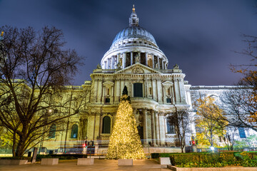 St. Paul`s cathedral at night during Christmas season in London. England 