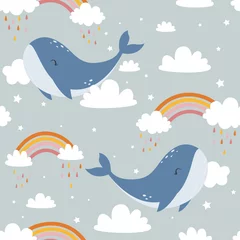 Wall murals Rainbow Hand drawing cute whale and sky seamless print design. Vector illustration design for fashion fabrics, textile graphics, prints