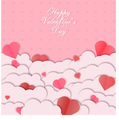 Valentine's Day greeting card with clouds and heart.
Paper cut style.Vector Illustration