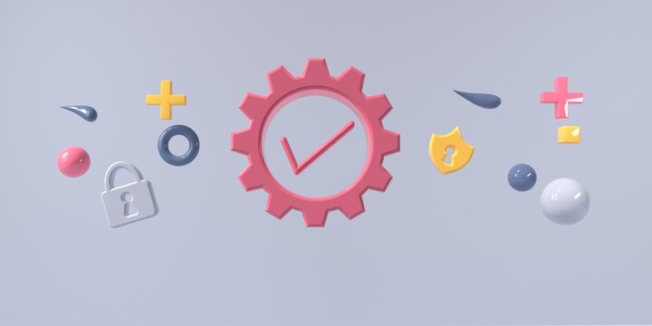 Gear with check mark and flying geometric shapes - 3D render