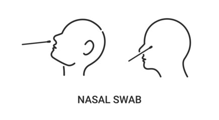 Covid nasal swab icon. Corona virus nasal pcr swab test line icon