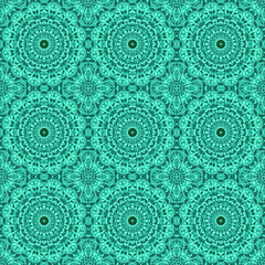 Emerald green tile or textile print seamless vector pattern graphic design. Turquoise emerald green concentric mandala geometric eamless ornament, fabric or tile print.