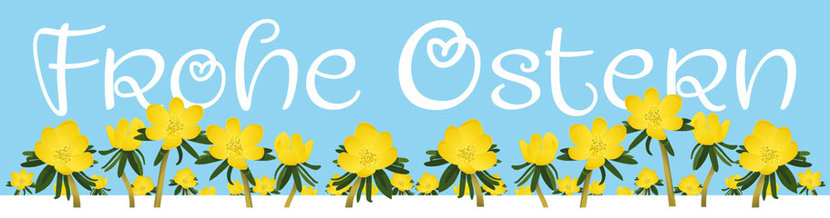 Frohe Ostern in gelber Blumenwiese, blauer Himmel, Winterlinge in Schnee Landschaft