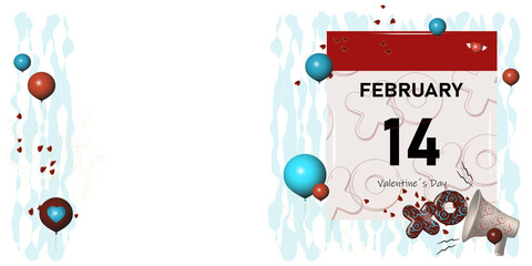 calendar with date of February fourteenth valentines day. decoration red and blue balloons, petals and megaphone with letters "XO" hugs and kisses