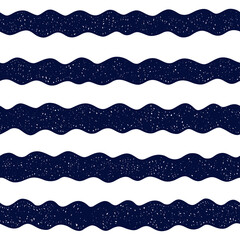 Seamless pattern with with dark blue waves in ink texture. Vector pattern with hand-drawn waves on white background. Illustration on marine concept