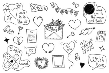 Vector set of hand-drawn elements for valentine's day or wedding day. Set of the symbols of love, popular love phrases. Hearts, text, catchwords and other elements. Illustration for cover, sticker