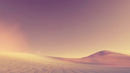 Fototapeta na wymiar Abstract fantastic desert landscape with sand dunes under clear cloudless sky at dusk or dawn. With no people simple minimalist natural background 3D illustration from my 3D rendering file.