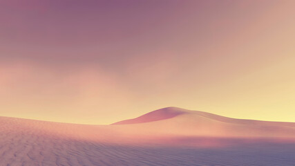 Abstract desert landscape with sand dunes under clear cloudless sky at sunset or sunrise. With no people simple minimalist wilderness scenery 3D illustration from my 3D rendering file.