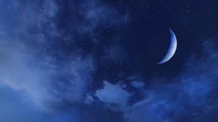 Dreamlike starry night sky with fantastic big half moon crescent and fluffy clouds. Minimalist fantasy natural background 3D illustration from my 3D rendering file.