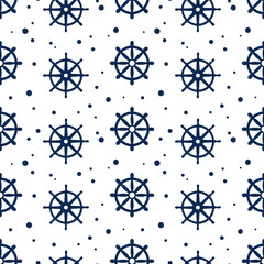 Vector pattern in doodle style with steering wheel and bubbles on white background. Seamless pattern on marine concept