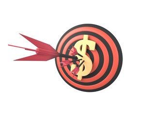 Accurate hit on the money target. A round black-red target with arrows hitting and flying at it. Hit the dollar. The goal of success. Monetary result.