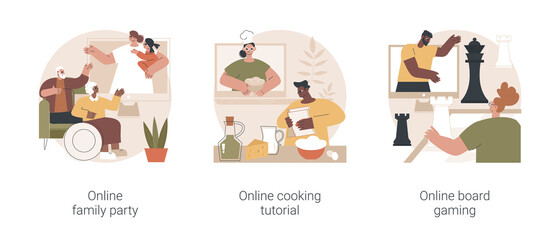 Quarantine leisure time abstract concept vector illustration set. Online family party, cooking tutorial, board gaming, web video call, food blogger, social media, home entertainment abstract metaphor.