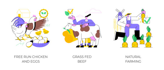 Eco farming abstract concept vector illustration set. Free run chicken and eggs, grass fed beef, natural farming, agro-industry, rich nutrient diet, organic food, agriculture abstract metaphor.