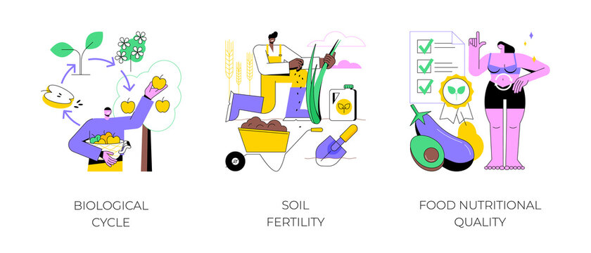 Organic farming abstract concept vector illustration set. Biological cycle, soil fertility, food nutritional quality, plant uptake and harvest, crop rotation, organic fertilizer abstract metaphor.
