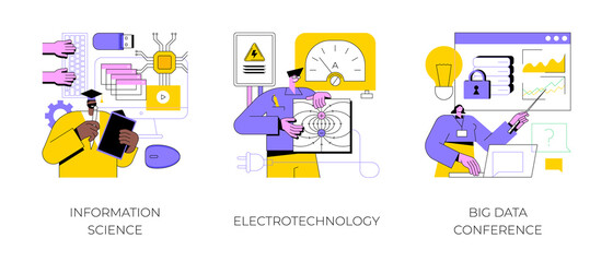 Scientific research abstract concept vector illustration set. Information science, electrotechnology engineering, big data conference, data scientist certificate, learning platform abstract metaphor.