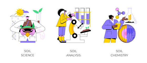 Soil properties abstract concept vector illustration set. Soil science, agricultural analysis and chemical laboratory service, land management, natural resource study and testing abstract metaphor.