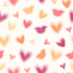 Colorful lips and hearts seamless pattern. Texture elements drawn by a brush. Happy Valentine's Day. Can be used on packaging paper, fabric, background for different images, etc.