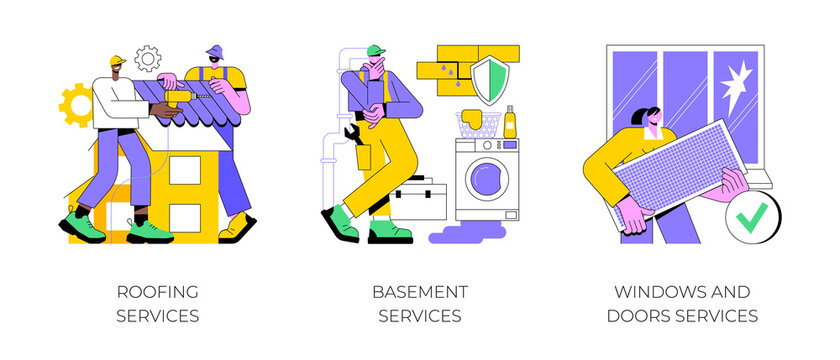House maintenance abstract concept vector illustration set. Roofing and basement services, windows and doors replacement and installation, broken glass, fly screen, hire contractor abstract metaphor.