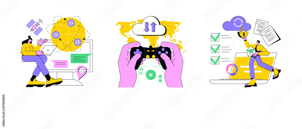 Poster global web connection abstract concept vector illustration set. cloud gaming and security, cyber sec