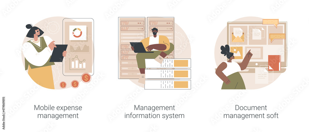 Poster data sharing and analysis abstract concept vector illustration set. mobile expense management, manag