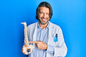 Fototapeta premium Middle age handsome traumatologist man holding anatomical model of spinal column smiling with a happy and cool smile on face. showing teeth.