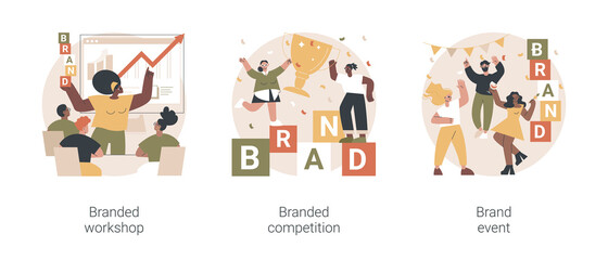 Marketing promo abstract concept vector illustration set. Branded workshop and competition, event management, product placement, digital advertising, rebranding media campaign abstract metaphor.