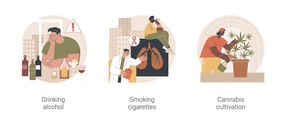 Unhealthy habits abstract concept vector illustration set. Drinking alcohol, smoking cigarettes, cannabis cultivation, addiction rehabilitation, health risk, medical marijuana abstract metaphor.