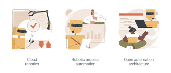Computer science abstract concept vector illustration set. Cloud robotics technology, robotic process, open automation architecture, AI-based software, open source industrial soft abstract metaphor.
