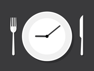 Cook time logo badge, eat plate clock time for food. Dish watch empty icon