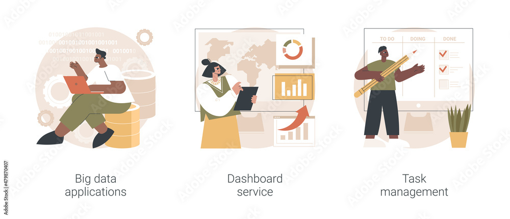 Poster big data analytics abstract concept vector illustration set. big data applications, dashboard servic