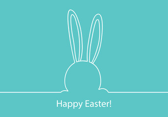 Easter bunny continuous one line vector icon, drawing rabbit outline cute animal, white minimal contour ears hare on blue background. Funny simple greeting card