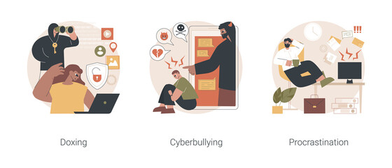 Social engineering abstract concept vector illustration set. Doxing and cyberbullying, procrastination, online bullying, negative comments, internet harassment, professional burnout abstract metaphor.