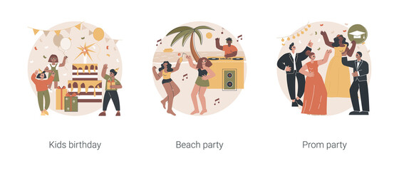 Fototapeta premium Party celebration abstract concept vector illustration set. Kids birthday, beach and prom party, having fun, open air summer event, graduation school ball dance floor, vacation abstract metaphor.