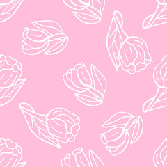Fototapeta na wymiar Tulips pink pattern. Hand-drawn flowers for wedding, wrapping paper and textiles.