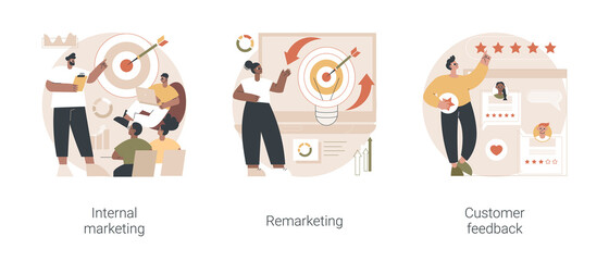 Company strategy and promotion abstract concept vector illustration set. Internal marketing, remarketing and customer feedback, employee engagement, targeted online advertising abstract metaphor.