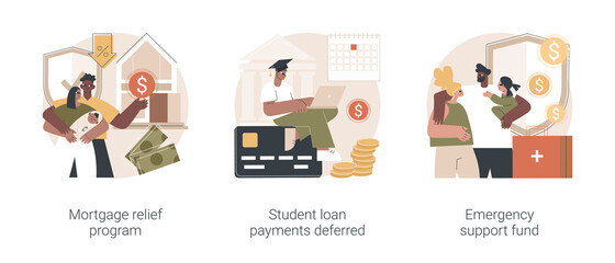 Coronavirus stimulus package plan abstract concept vector illustration set. Mortgage relief program, student loan deferred payment, emergency response support fund, government help abstract metaphor.