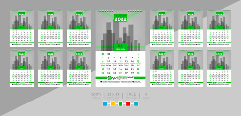 Wall calendar and planner diary template for the year 2022. This creative elegant calendar is a must for your home and office. 2 theme colorwork, black, and others. The 12-page week begins on Sunday.