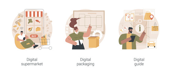 Online services abstract concept vector illustration set. Digital supermarket and packaging, digital guide, AR labels software, online payment, grocery store, mobile guide app abstract metaphor.