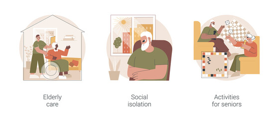 Older generation lifestyle abstract concept vector illustration set. Elderly care, social isolation, activities for seniors, home nursing medical care, retiree companion, assistance abstract metaphor.