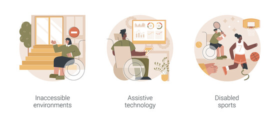 Disabled people in social environment abstract concept vector illustration set. Inaccessible environments, assistive technology, disabled sports, public place access, parasport abstract metaphor.