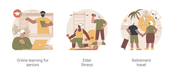 Elderly people lifestyle abstract concept vector illustration set. Online learning for seniors, elder fitness, retirement travel, fitness program, pension traveling expenses abstract metaphor.