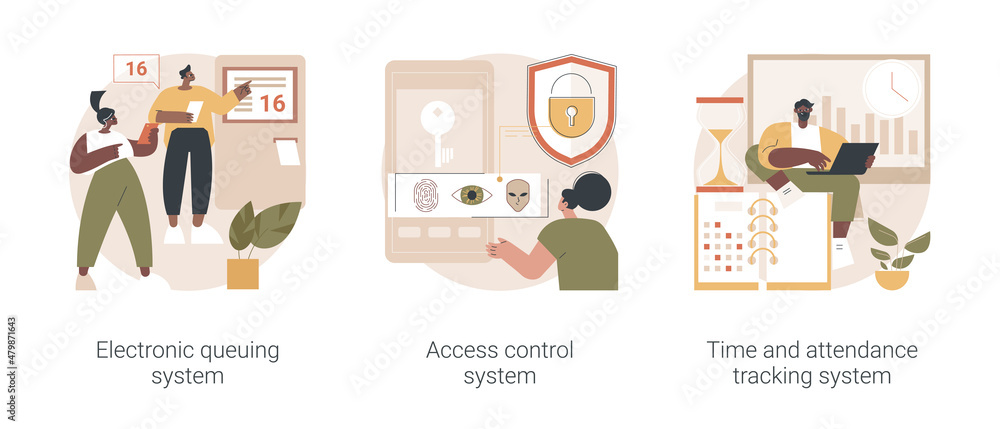 Poster digital tracking systems abstract concept vector illustration set. electronic queuing system, access