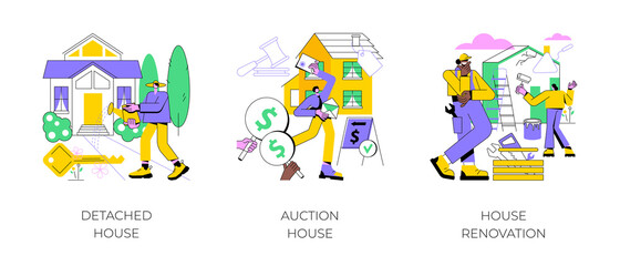 Buy family home abstract concept vector illustration set. Detached and auction house, house renovation, residential and commercial property remodeling, house listing, design project abstract metaphor.