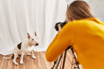 Young caucasian woman photographer making photo to dog at photography studio